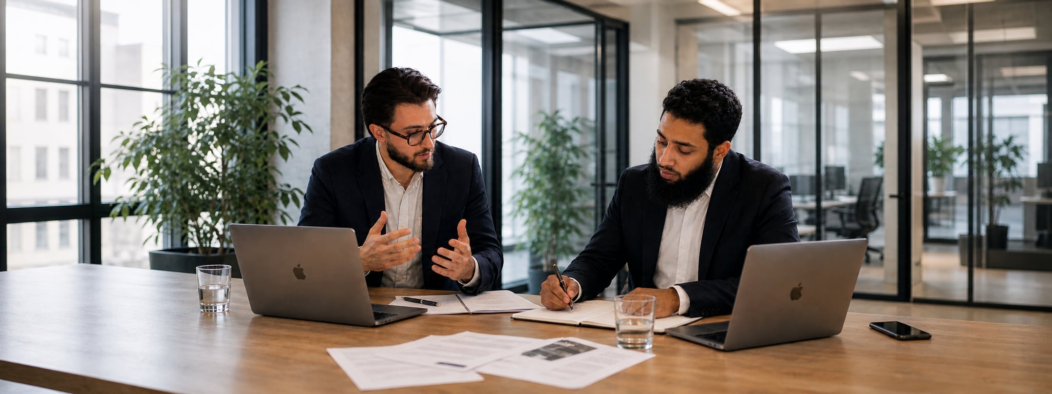 Intérieur du studio Movira à Paris, long plan de travail en chêne, chaises Hay, designers en arrière-plan